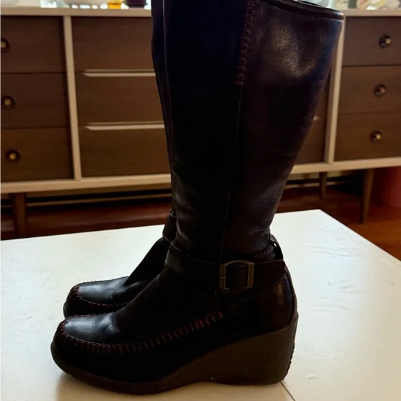 Chocolate Brown Wedge Boots Thick Stitching Y2K Folkcore Cottagecore Boho Artsy - Picture 2 of 7